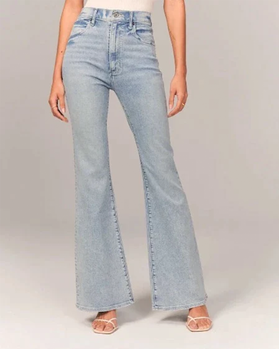 Women's flared high-waisted denim jeans in light blue, casual & stylish everyday wear