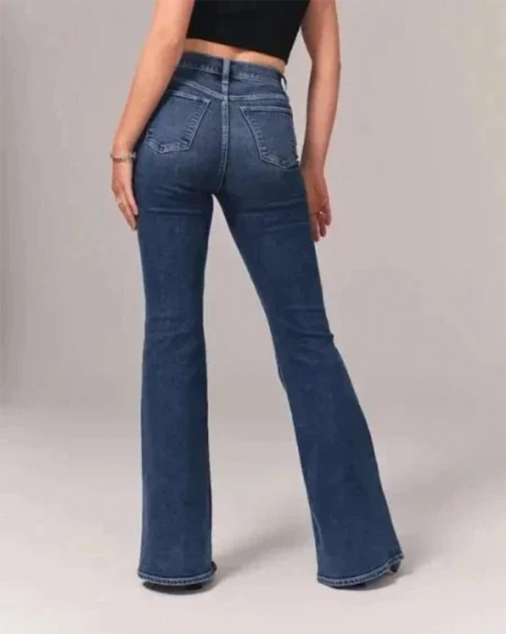 Stylish women's high-waisted flared jeans in dark blue denim, a trendy bottom