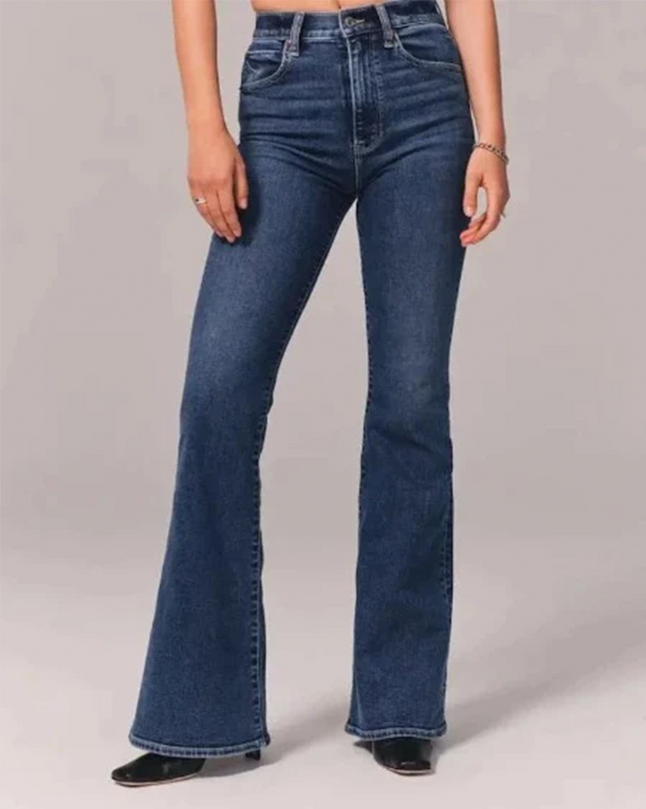 Casual women's apparel: dark blue flared high-waisted denim jeans, perfect for a stylish look