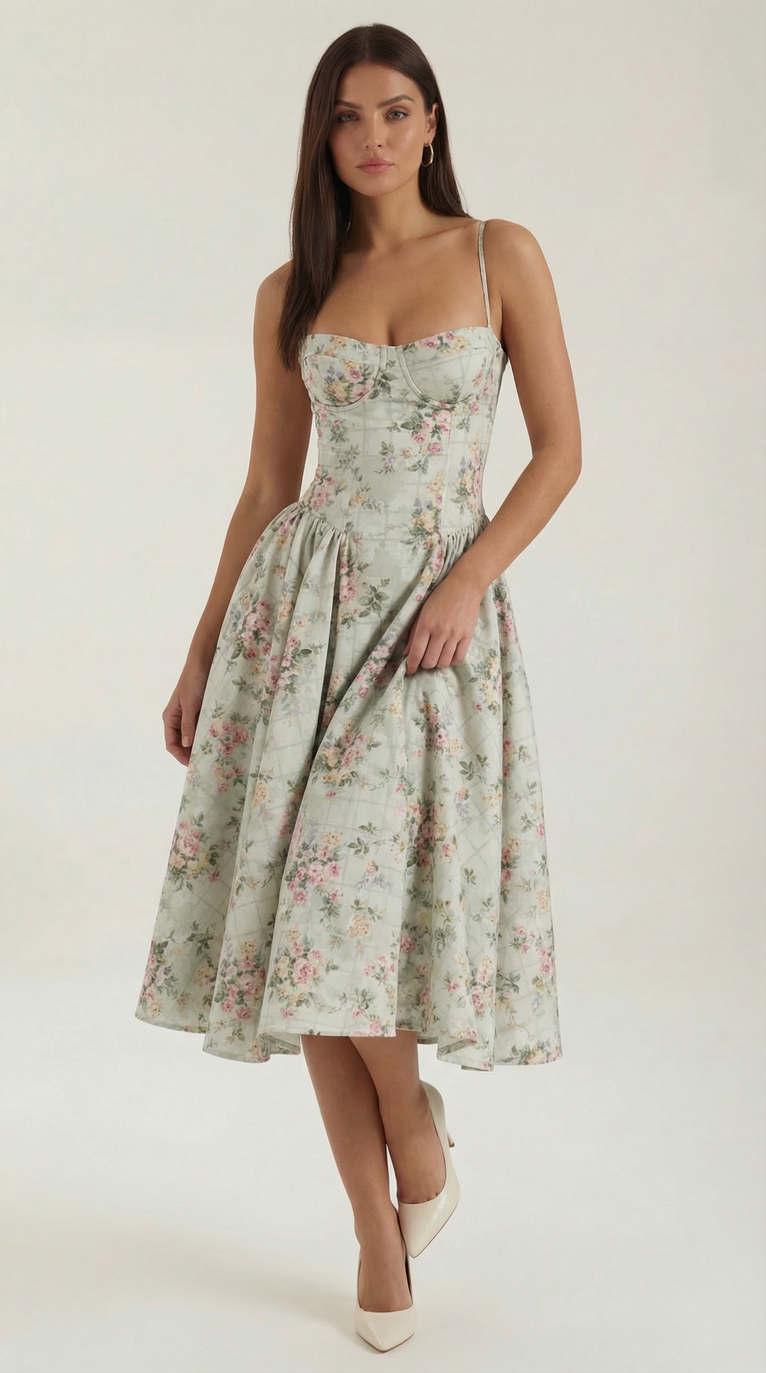 Women's Floral Corset Midi Dress with Sweetheart Neck, perfect for summer occasions.