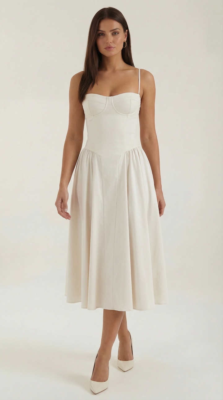 Romantic floral midi dress for women, corset bodice, flattering sweetheart neck.