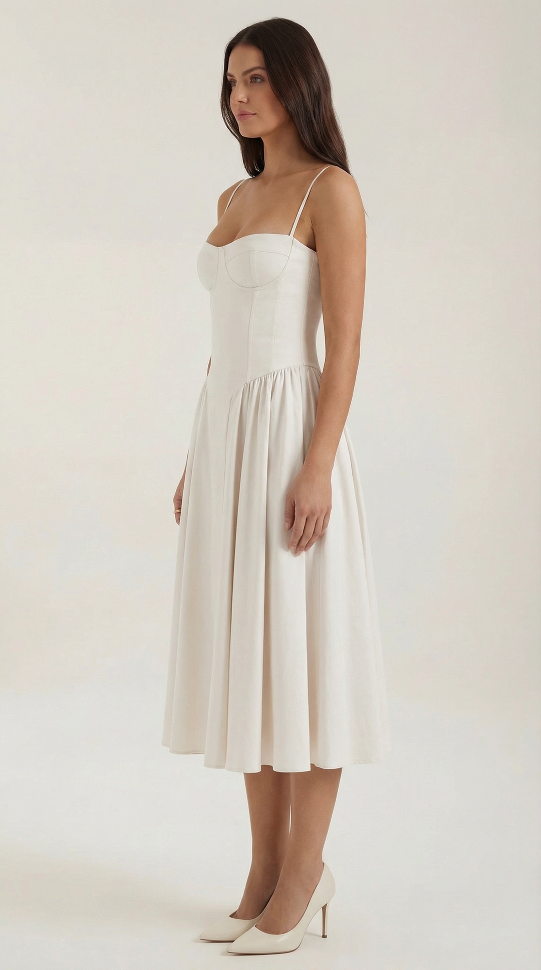 Women's spring floral midi dress with a stylish corset and sweetheart neckline.