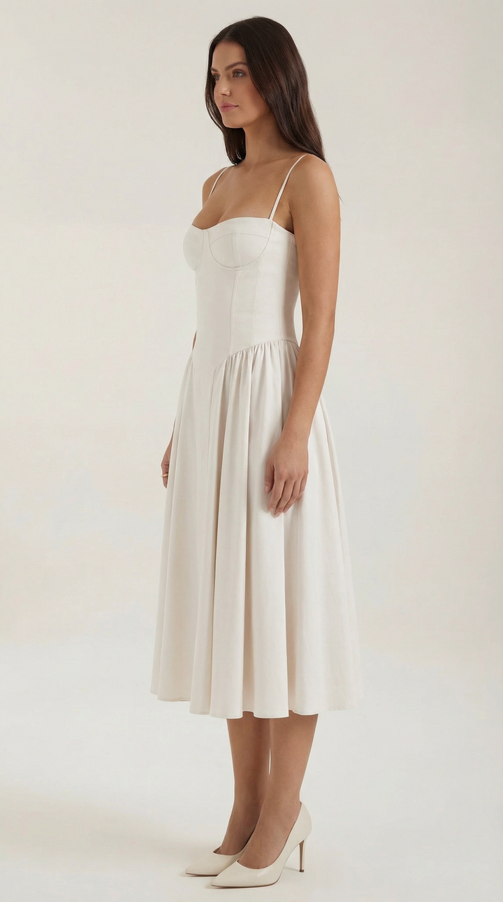 Women's spring floral midi dress with a stylish corset and sweetheart neckline.