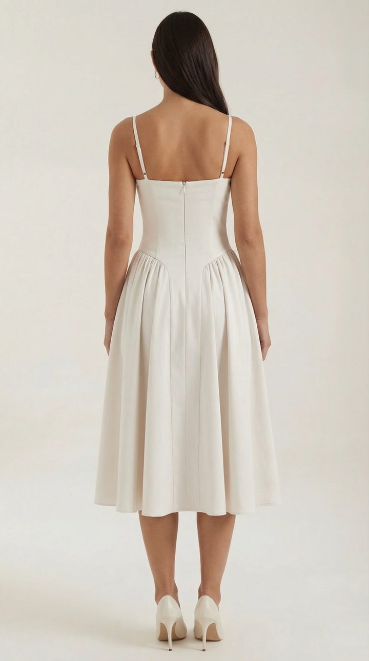 Women's summer occasion dress: Floral corset midi with a beautiful sweetheart neckline.