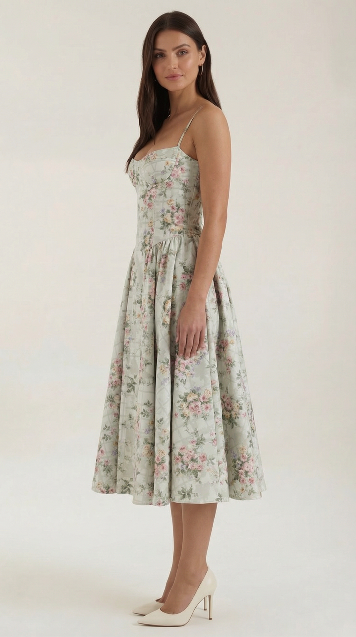 Elegant floral midi dress for women, featuring a corset bodice and sweetheart neckline.