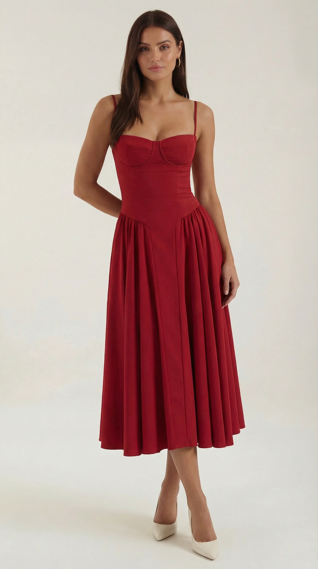 Romantic women's floral midi dress, corset style, sweetheart neck, elegant look.