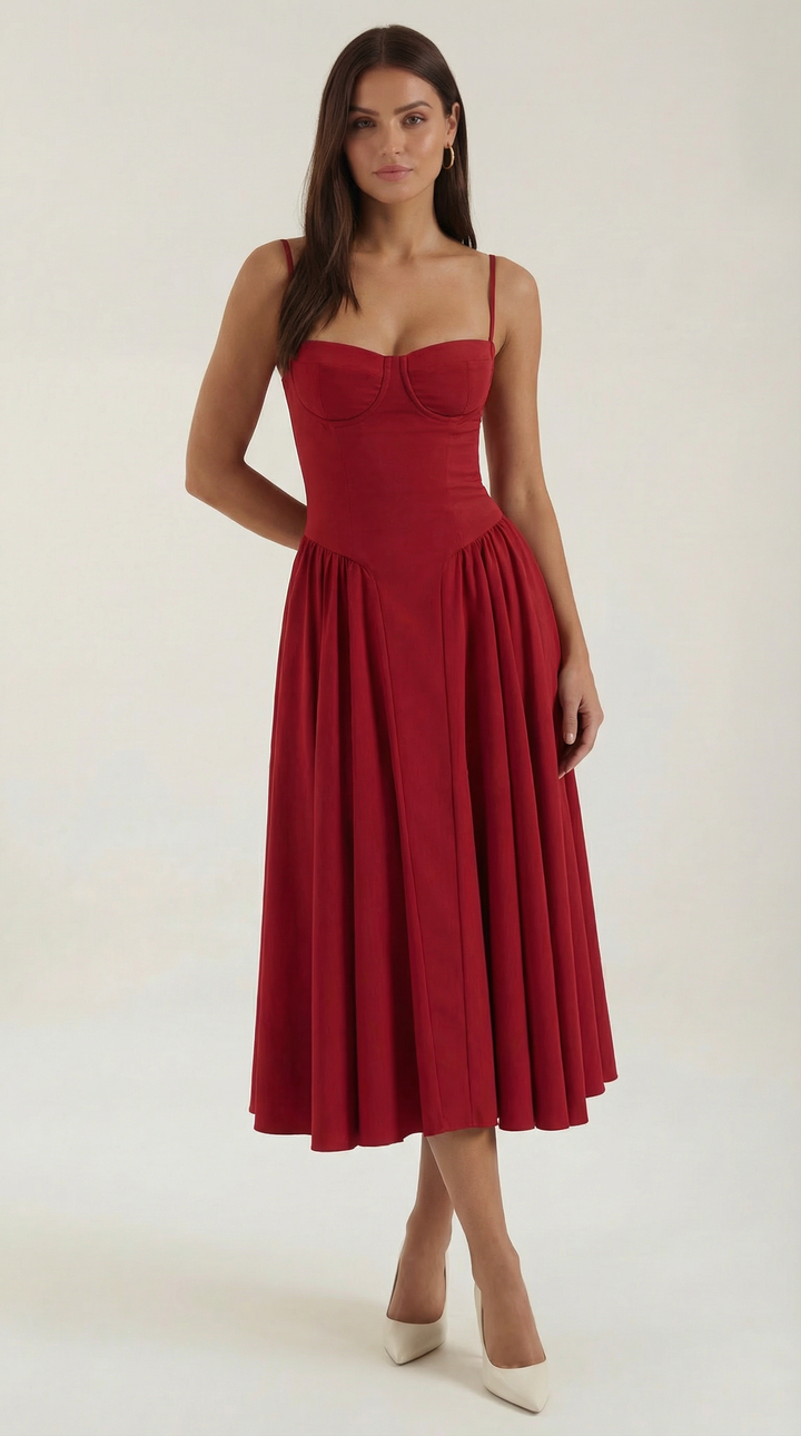 Romantic women's floral midi dress, corset style, sweetheart neck, elegant look.