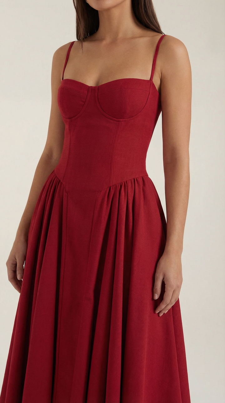 Women's elegant floral midi dress with corset structure & flattering sweetheart neck.