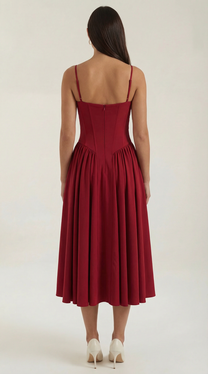 Party-perfect floral midi dress, women's, with corset detail & sweetheart neckline.