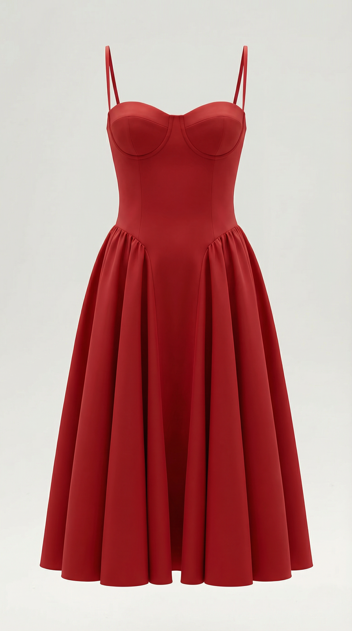 Women's floral midi dress, corset bodice, sweetheart neck, ideal for special occasions.