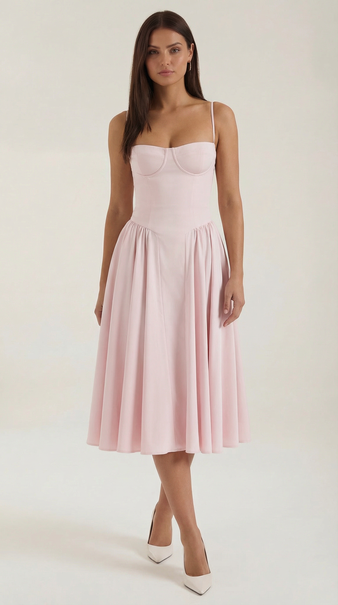 Elegant floral summer midi dress for women, sweetheart neckline, corset detail.