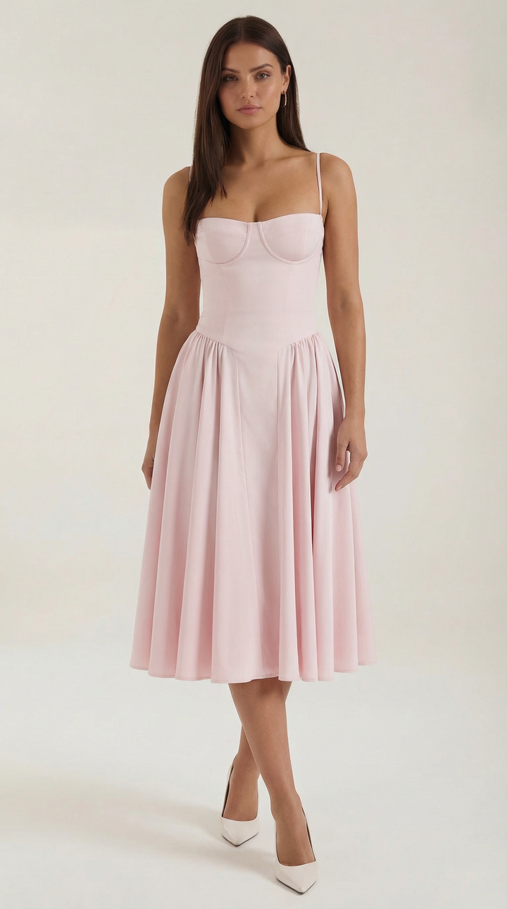 Elegant floral summer midi dress for women, sweetheart neckline, corset detail.