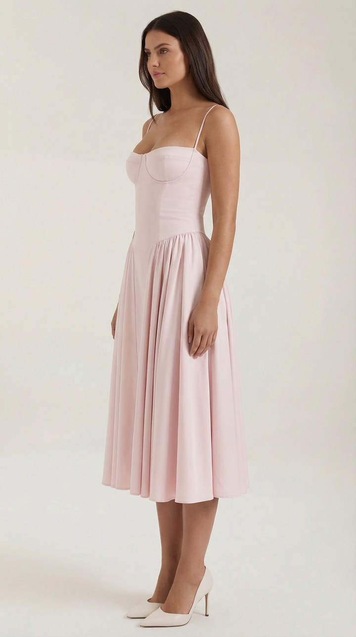 Women's romantic floral midi dress, perfect for garden events, with sweetheart neck.