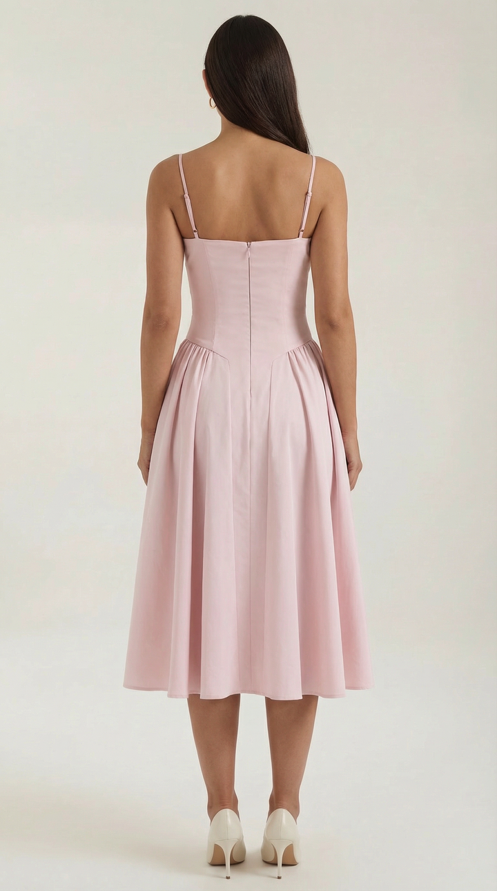 Summer occasion floral midi dress for women, with corset & sweetheart neckline.