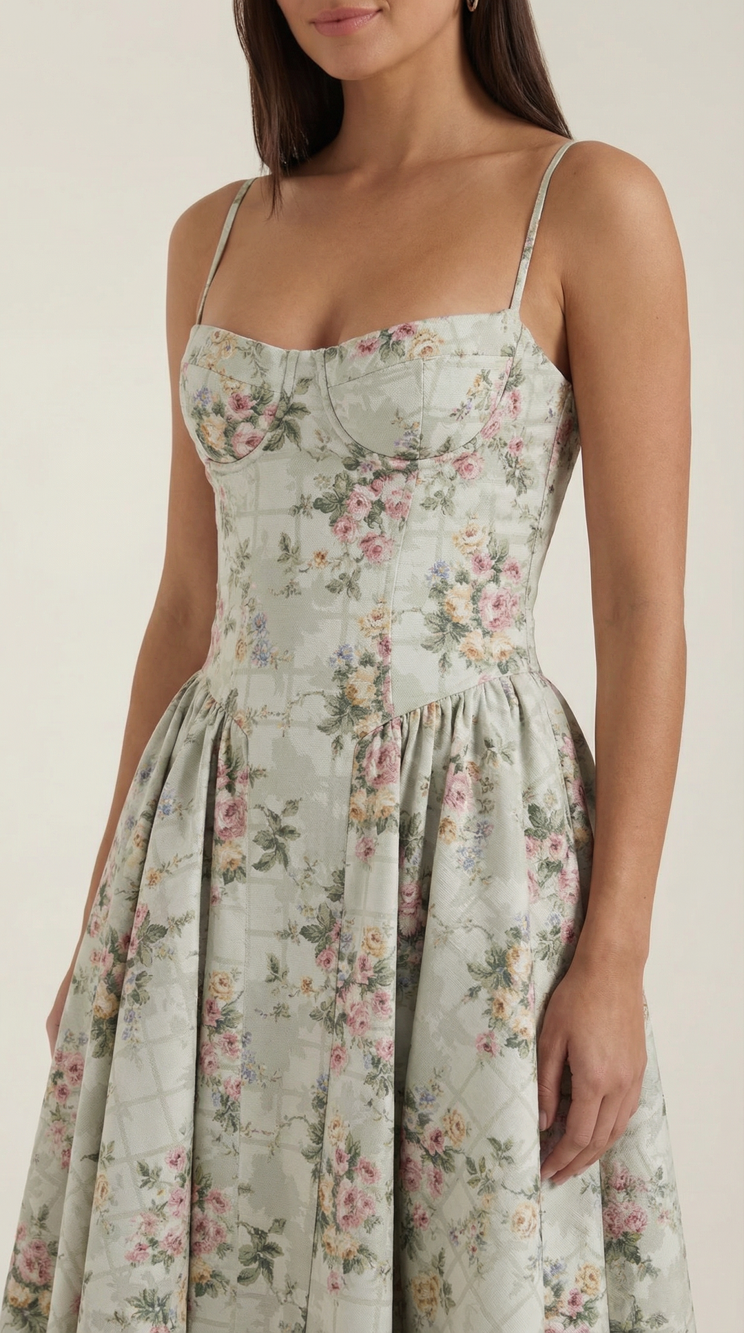 Romantic Women's Floral Midi Dress with Sweetheart Neck, ideal for garden weddings.