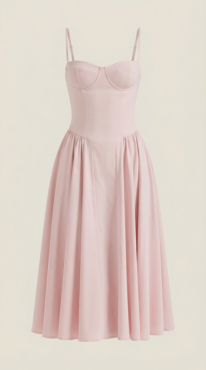 Women's elegant floral midi dress, corset top, sweetheart neckline, perfect for parties.