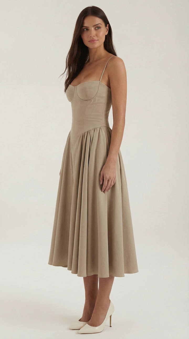 Women's garden wedding floral midi dress, corset style, featuring a sweetheart neckline.