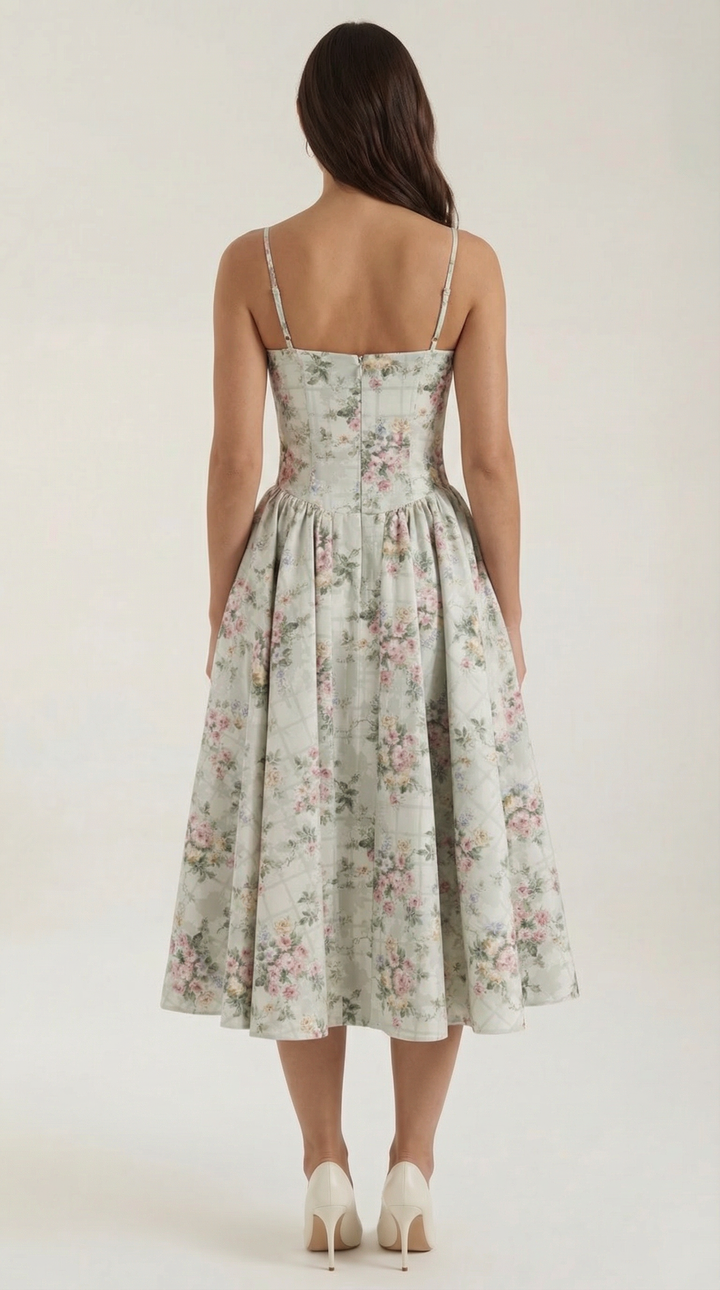 Spring fashion: Floral Corset Midi Dress for women with a flattering sweetheart neck.