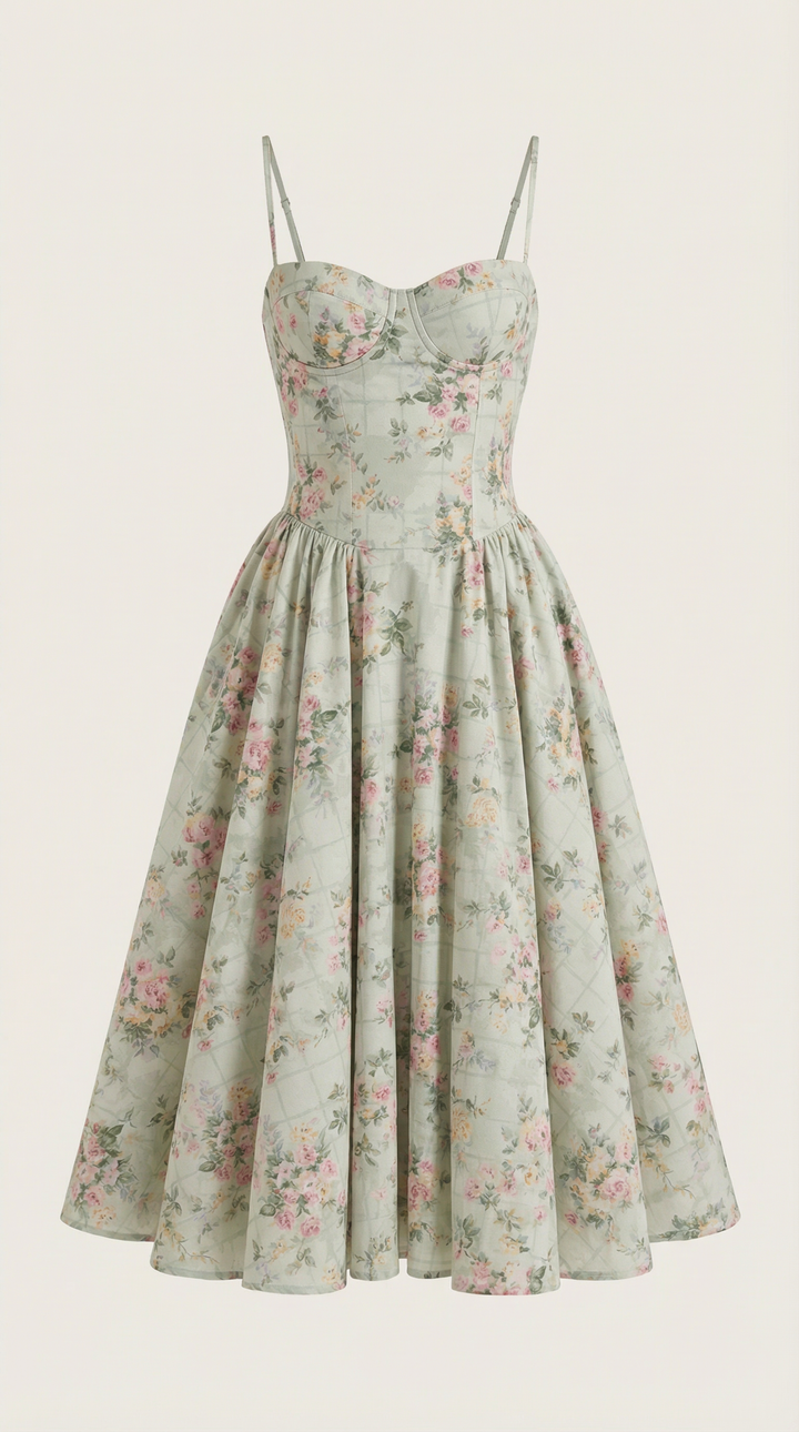 Party-ready Women's Floral Midi Dress, designed with a corset and sweetheart neckline.