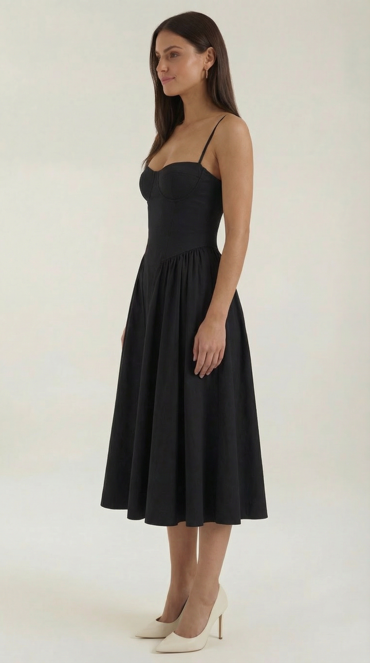Occasion floral midi dress with a sweetheart neckline & corset detail for women.
