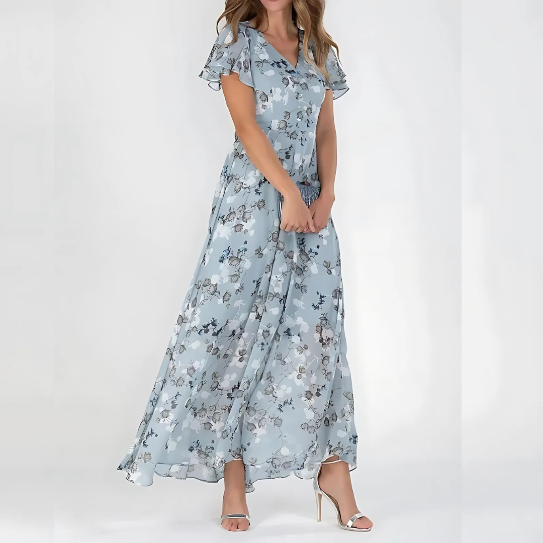 Elegant women's summer dress with floral print, flattering midi length, ideal for spring and events