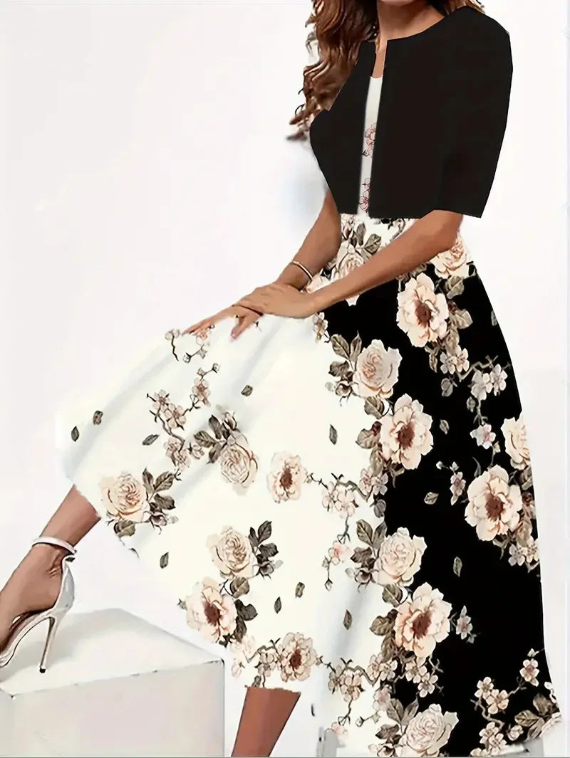 Stylish women's floral long dress set, easily transition from summer to autumn with the versatile jacket.
