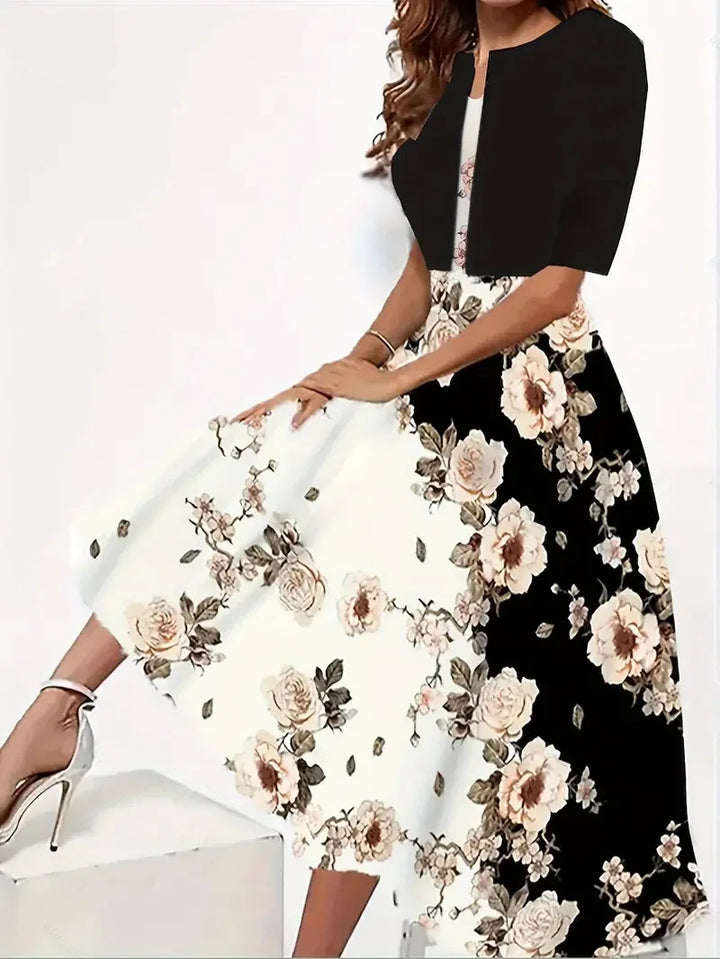 Stylish women's floral long dress set, easily transition from summer to autumn with the versatile jacket.