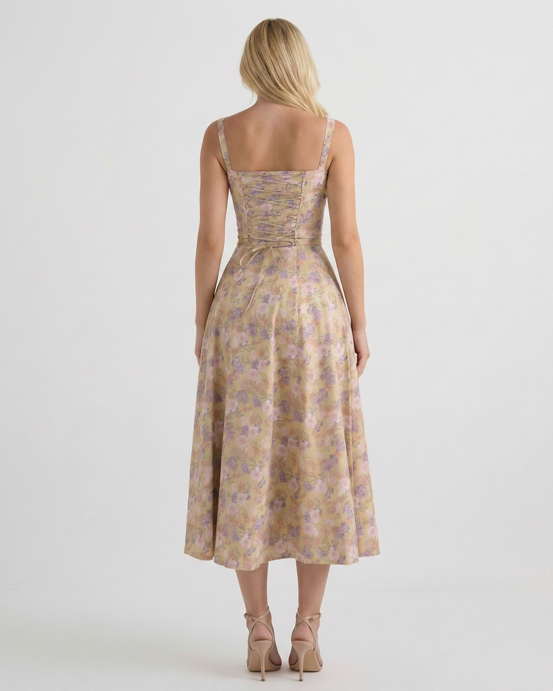 Elegant women's floral A-line midi dress with square neck & ruched bust. Ideal for summer parties & vacations.