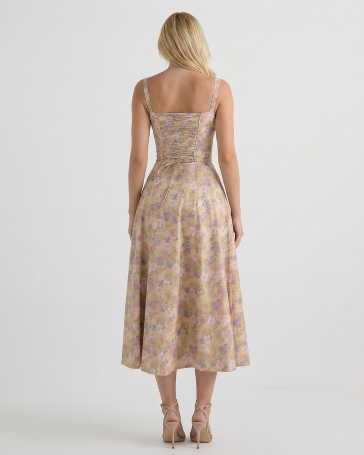 Elegant women's floral A-line midi dress with square neck & ruched bust. Ideal for summer parties & vacations.