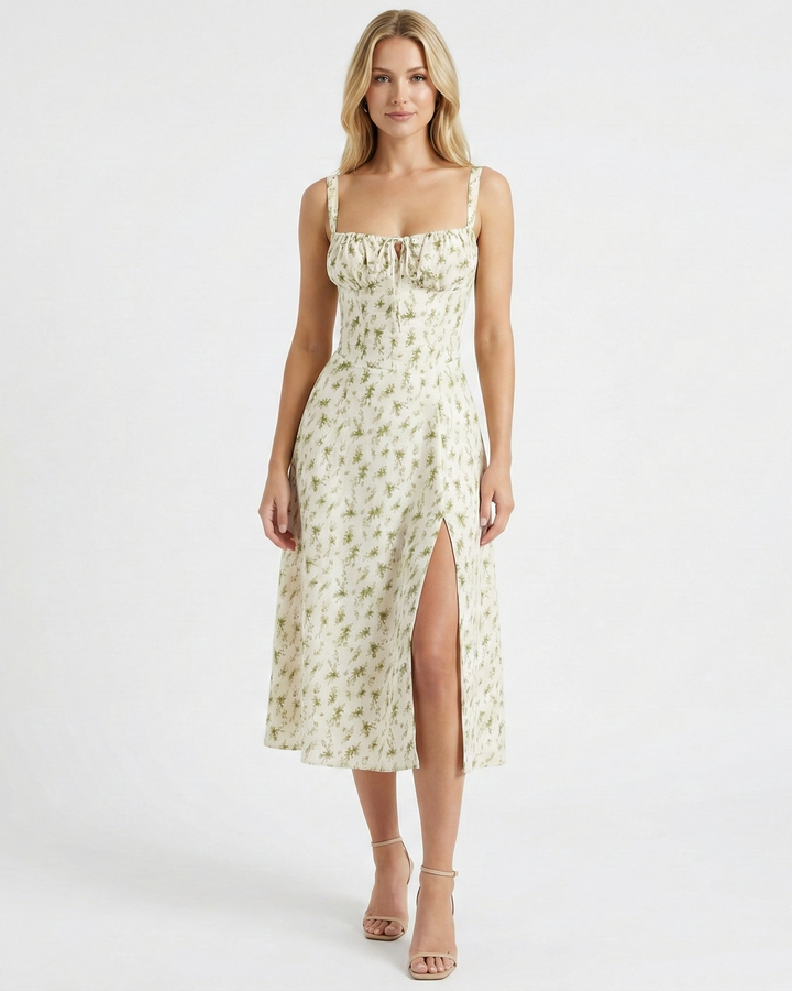 Feminine floral midi dress featuring a square neck, ruched bust, and a stylish flowy leg slit. Summer casual wear.