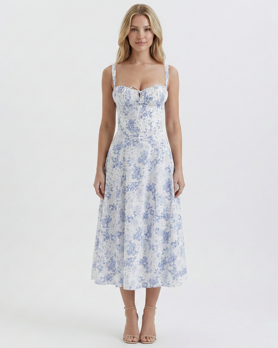 Light & flowy women's floral midi dress, square neck with ruched bust. A comfortable summer and spring outfit.