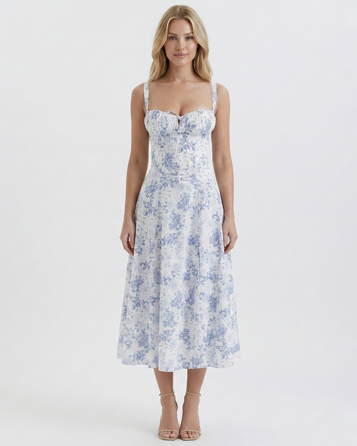 Light & flowy women's floral midi dress, square neck with ruched bust. A comfortable summer and spring outfit.