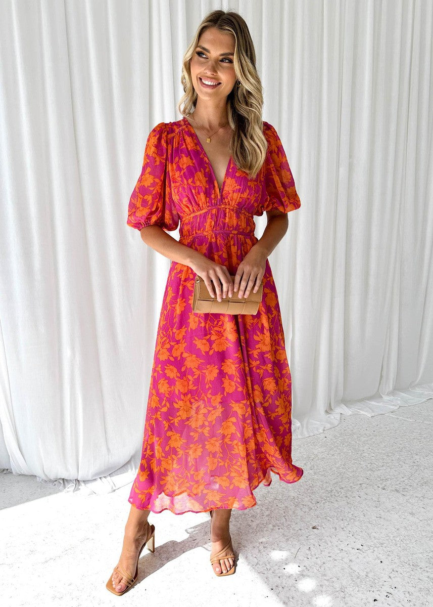 Women's floral midi summer dress, pink & orange, puff sleeve, v-neck, casual occasion wear