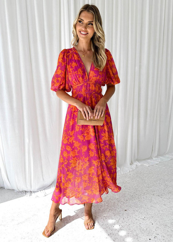 Women's floral midi summer dress, pink & orange, puff sleeve, v-neck, casual occasion wear
