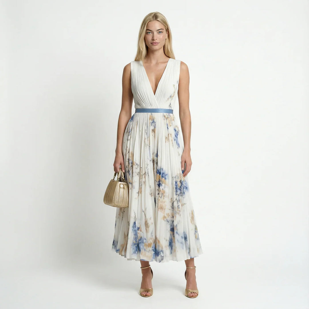 Women's floral pleated maxi dress, sleeveless V-neck, perfect for summer parties, holidays & wedding guests.