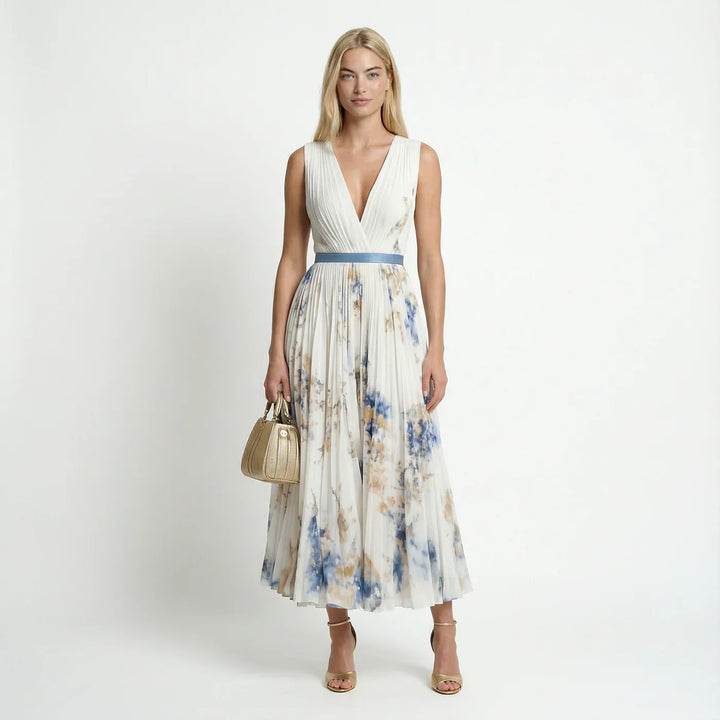 Women's floral pleated maxi dress, sleeveless V-neck, perfect for summer parties, holidays & wedding guests.