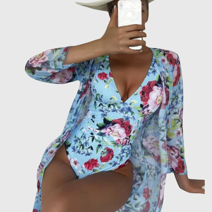 Two-piece women's floral swimsuit and beach cover-up, ideal for summer fashion and vacations