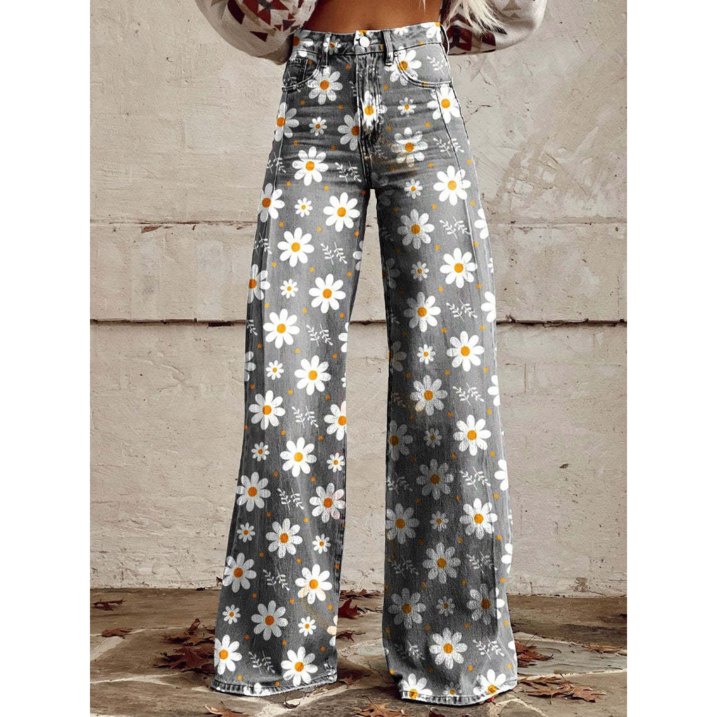 Women's floral print long pants, casual & stylish, made of comfortable polyester spandex for versatile wear