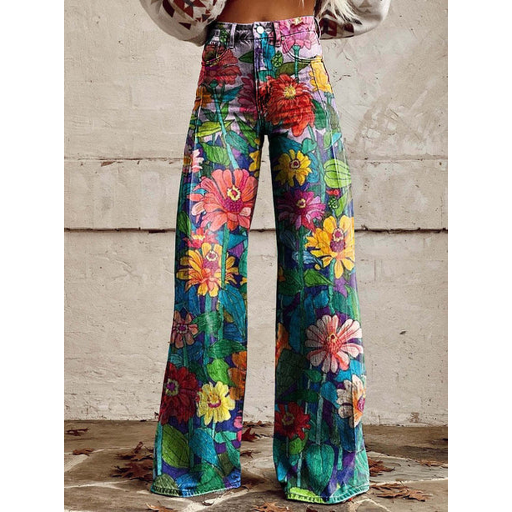Women's long pants with an eye-catching floral print, designed for comfort and fashion in durable polyester spandex
