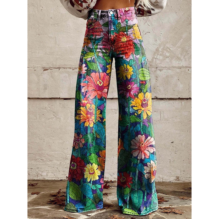 Women's long pants with an eye-catching floral print, designed for comfort and fashion in durable polyester spandex