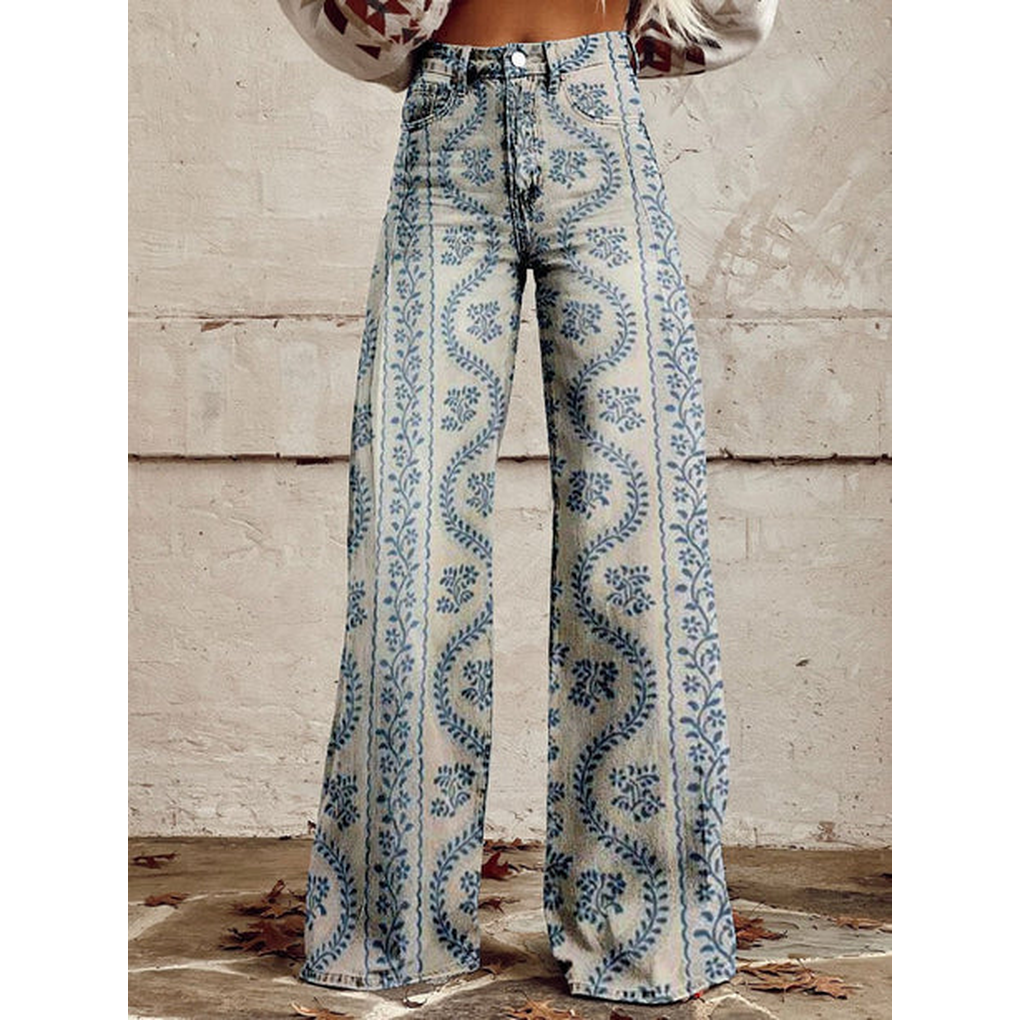 Stylish women's long pants featuring a vibrant floral print, perfect for casual outings in polyester spandex