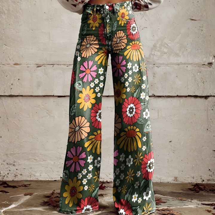 Patterned women's long pants with elegant floral design, offering a stylish & comfortable fit in polyester spandex