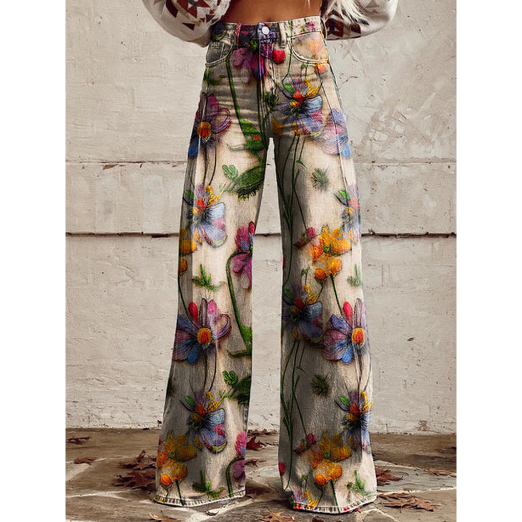 New4 women's long pants, floral print for a fashionable look, crafted from comfortable polyester spandex fabric
