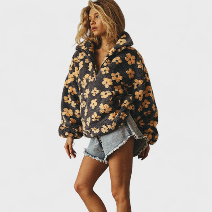Casual long sleeve women's fleece pullover, flower print design