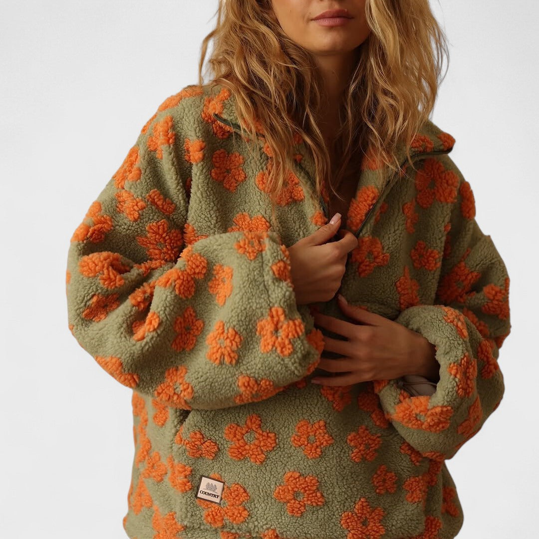 Warm women's floral print polar fleece pullover for winter wear