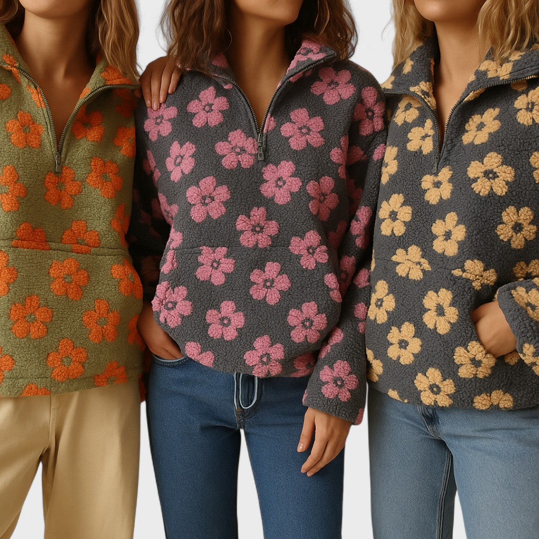 Soft women's polar fleece pullover in a beautiful floral print, perfect for layering