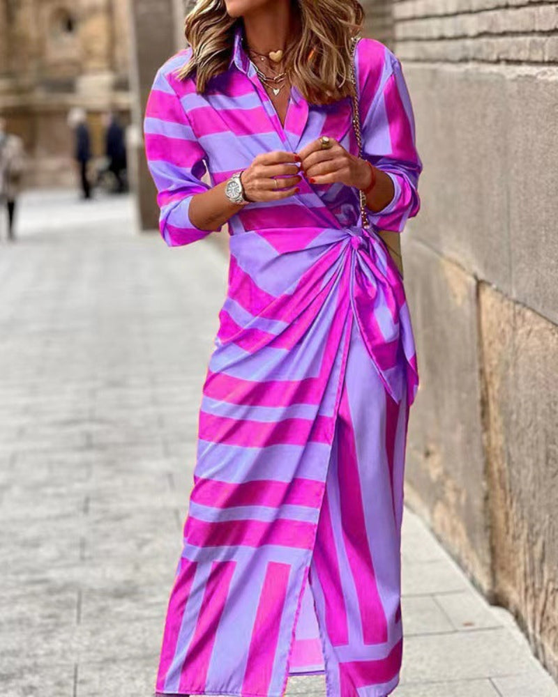 Flattering women's floral print midi wrap dress with a chic collar.