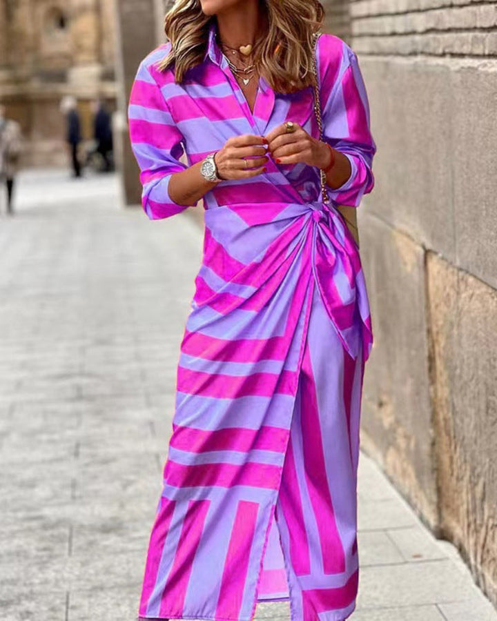Flattering women's floral print midi wrap dress with a chic collar.