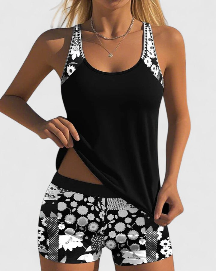 Women's summer beachwear: floral print tankini top and bottom set