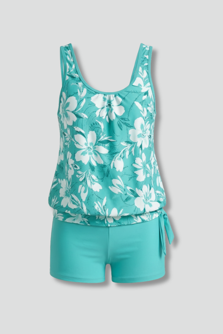 Women's floral print tankini top & swim shorts set, ideal for beach or poolside fashion